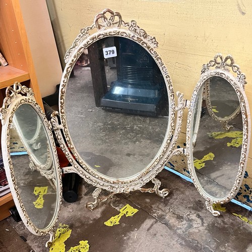 379 - CREAM PAINTED METAL OVAL TRIPLE DRESSING MIRROR