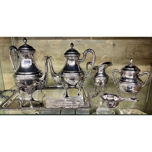 289 - FIVE PIECE ALPACA STAMPED COFFEE SERVICE ON TRAY WITH STRAINER