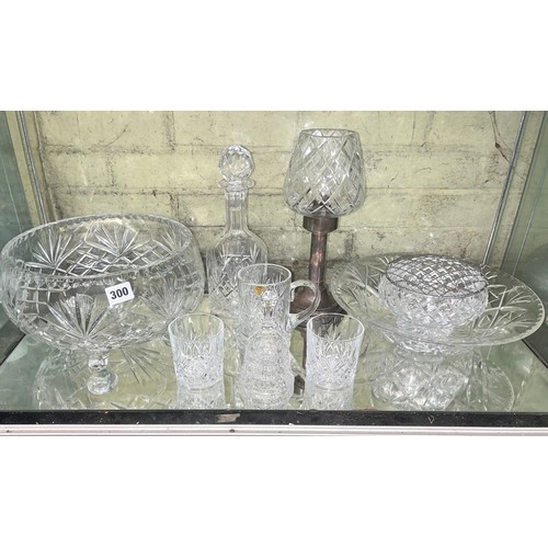 300 - SHELF OF CUT GLASSWARE INC HEAVY BOWL ON TRIFORM LEGS, ROYAL BRIERLY TANKARD, LANTERN ON PLATED STAN... 