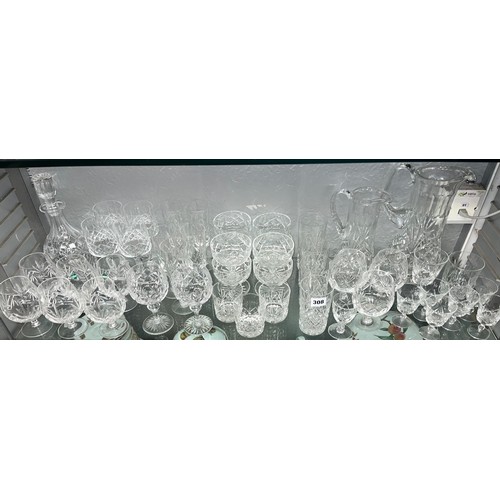 308 - SHELF OF QUALITY CRYSTAL INCLUDING ROYAL DOULTON DECANTER, EDINBURGH CRYSTAL BRANDY BALLOONS AND HEA... 