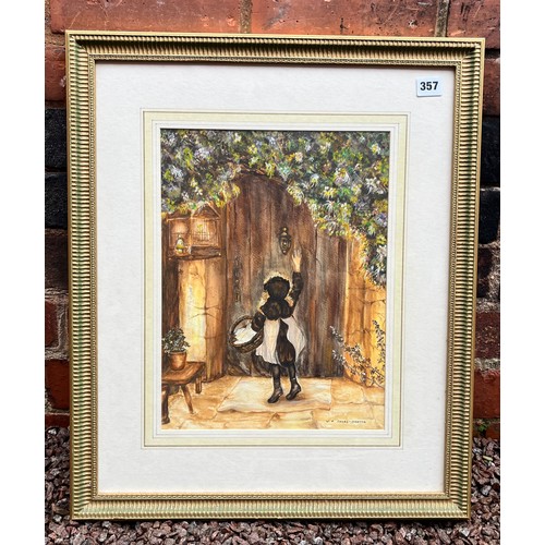 357 - WATERCOLOUR OF A CHILD WITH BASKET SIGNED W.P LUCAS-DONETTA