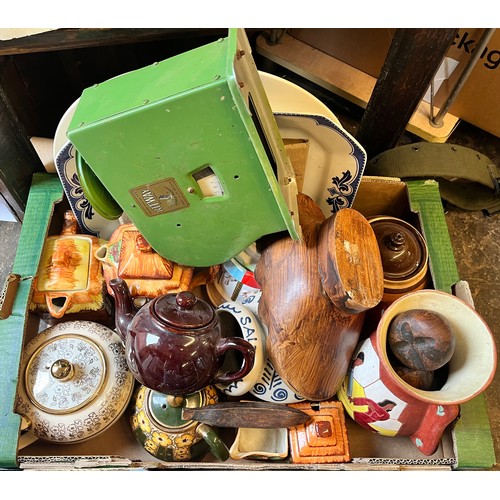 573 - TWO CARTONS OF MIXED CERAMICS INCLUDING NOVELTY TEA POTS, GLASSWARE AND WEIGHING SCALES