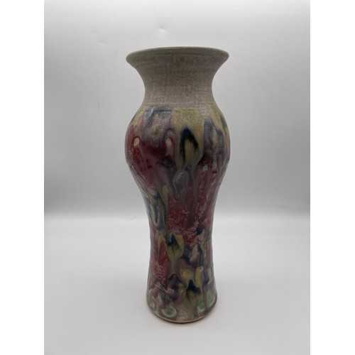 442 - STUDIO POTTERY BALUSTER VASE WITH ABSTRACT DRIP GLAZED FLOWER DECORATION