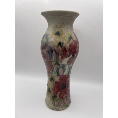 442 - STUDIO POTTERY BALUSTER VASE WITH ABSTRACT DRIP GLAZED FLOWER DECORATION