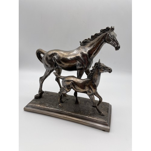 589 - BRONZE PATINATED RESIN MODEL OF A HORSE AND FOAL BY CROSA DATED 1997