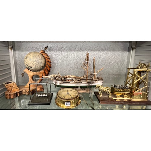 313 - HORSE AND CART COAL MINING FIGURE, CARVED GLOBE DESK STAND, NEWTONS CRADLE AND MODLE OF SHIP A/F