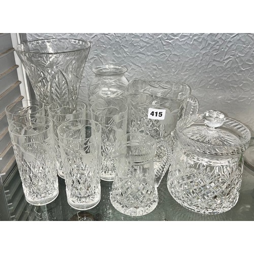 415 - SELECTION OF CUT AND ETCHED GLASSWARE INCLUDING FUSCHIA PATTERENED JUG AND HIBALLS