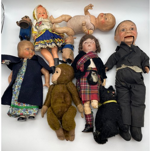 498 - BOX OF PORCELAIN HEADED DOLLS INCLUDING MARIONETTE AND A MOHAIR MONKEY