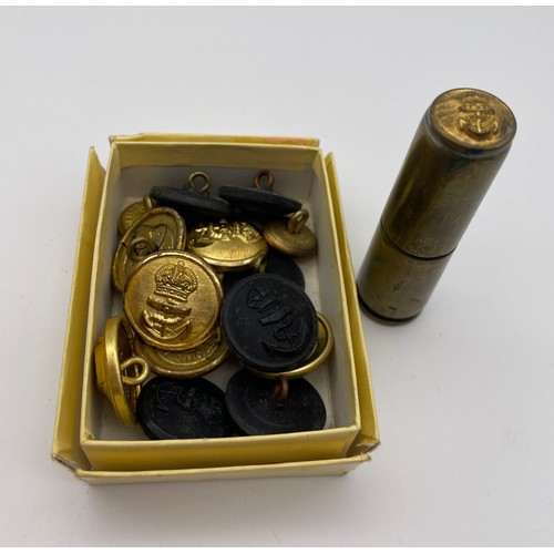 467 - TRENCH ART LIGHTER FASHIONED FROM A SHELL CASE AND BOX OF A SELECTION OF ROYAL NAVY BUTTONS