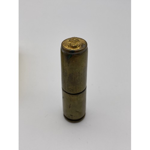 467 - TRENCH ART LIGHTER FASHIONED FROM A SHELL CASE AND BOX OF A SELECTION OF ROYAL NAVY BUTTONS