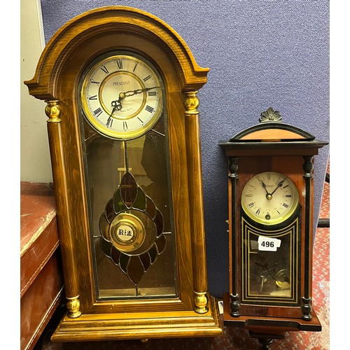 496 - HIGHLANDS PENDULUM WALL CLOCK AND A PRESIDENT WALL CLOCK WITH STAINED GLASS WINDOW