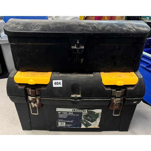 404 - TWO TOOLBOXES OF MIXED TOOLS INCLUDING TROWELS, HAMMERS, PINCERS ETC.