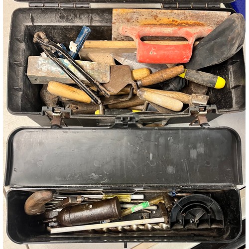 404 - TWO TOOLBOXES OF MIXED TOOLS INCLUDING TROWELS, HAMMERS, PINCERS ETC.