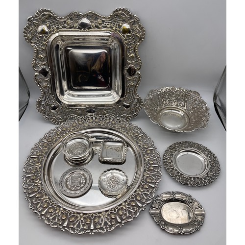 579 - SELECTION OF METAL FILIGREE TRAYS AND POSSIBLY WHITE METAL CONTINENTAL PIN DISHES