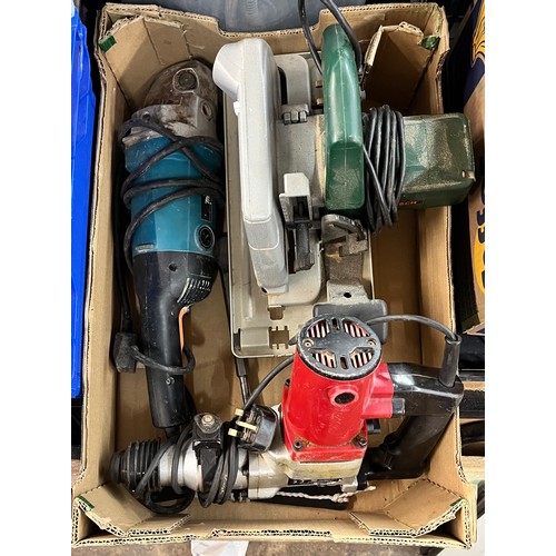 400 - TWO CRATES INCLUDING BOSCH PK5 66 CIRCULAR SAW, POWER DEVIL PDD2005K ROTARY DRILL, MAKITA 9069S ANGL... 