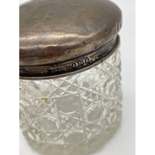 482 - BIRMINGHAM SILVER LIDED POWDER JAR, TWO THIMBLES, PAIR OF ENGRAVED SUGAR TONGS AND SPOON