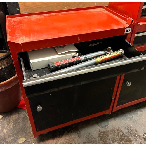 393 - RED STAINLESS STEEL ROLLER TOOL STORAGE CABINET INCLUDING NORBAR TORQUE WRENCHES, MINIATURE TOOL BOX... 