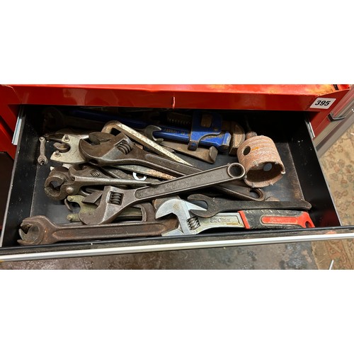 395 - RED STAINLESS STEEL ROLLER TOOL STORAGE CABINET INCLUDING LARGE SELECTION OF WRENCHES