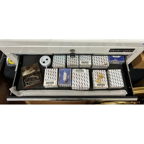 399 - US.PRO-TOOLS WHITE STAINLESS STEEL 7 DRAWER TOOL BOX INCLUDING HOLE SAW KITS, LARGE SELECTION OF SCR... 