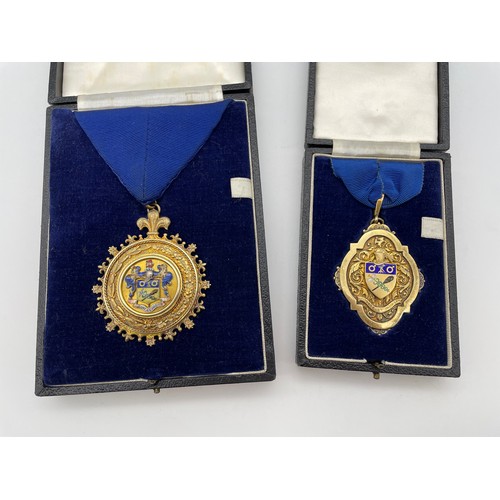 493 - TWO CASED BIRMINGHAM SILVER GILT MEDALLIONS WITH ENAMEL DECORATION PRESENTED TO J.J RANDLE MAYOR OF ... 