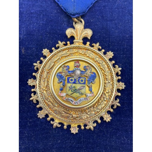 493 - TWO CASED BIRMINGHAM SILVER GILT MEDALLIONS WITH ENAMEL DECORATION PRESENTED TO J.J RANDLE MAYOR OF ... 