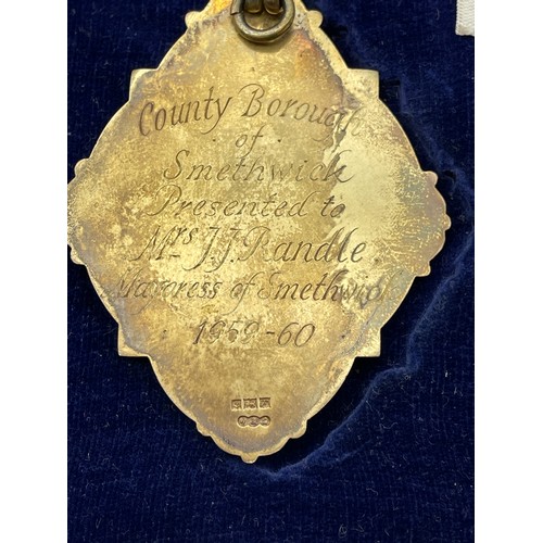 493 - TWO CASED BIRMINGHAM SILVER GILT MEDALLIONS WITH ENAMEL DECORATION PRESENTED TO J.J RANDLE MAYOR OF ... 