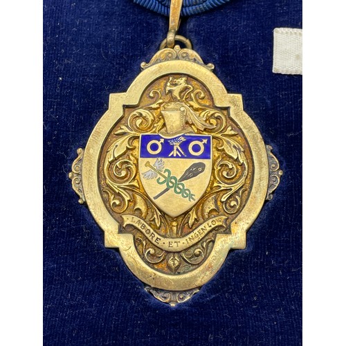 493 - TWO CASED BIRMINGHAM SILVER GILT MEDALLIONS WITH ENAMEL DECORATION PRESENTED TO J.J RANDLE MAYOR OF ... 