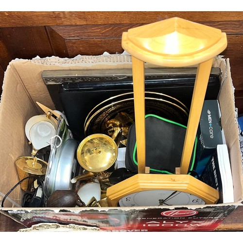 591 - BOX OF MIXED ELECTRICAL ITEMS, WALL CLOCK AND PART TEA SET