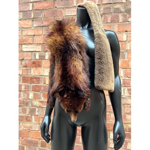 224 - LADIES BROWN FUR LONG COAT A/F, STOLES AND A FAUX FUR COAT