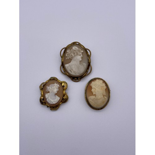 537 - THREE OVAL PINCHBECK CARVED SHELL CAMEO BROOCHES