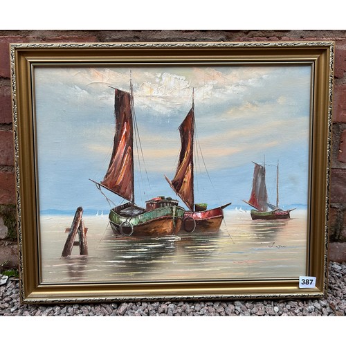 387 - THREE OILS ON CANVAS OF FISHING BOATS