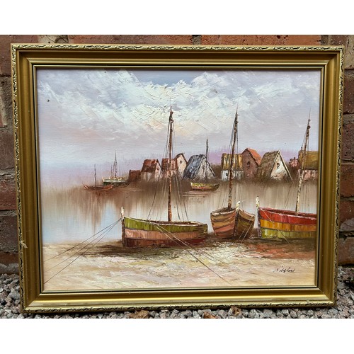 387 - THREE OILS ON CANVAS OF FISHING BOATS