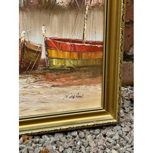 387 - THREE OILS ON CANVAS OF FISHING BOATS