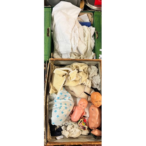 213 - TWO BOXES - MID 20TH CENTURY CELLULOID DOLLS AND DOLLS CLOTHING, WHITE TABLE LINENS, AND CROCHET