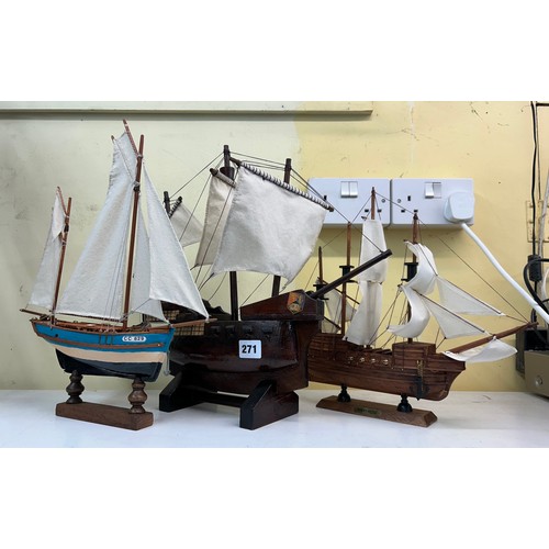 271 - THREE WOODEN MODELS - THE MARY ROSE, SPANISH COLUMBUS AND ONE OTHER