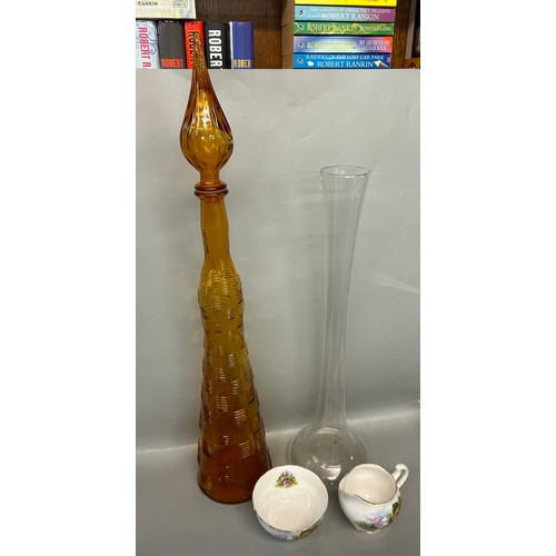 560 - AMBER GENIE BOTTLE WITH STOPPER, CLEAR GLASS FLUTTED VASE AND ROYAL VALE MILK JUG AND BOWL