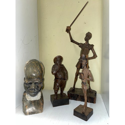 275 - CARVED SPANISH FIGURES OF DON QUIXOTE, AND SOAP STONE AFRICAN ELDER BUST