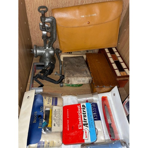 283 - PIGEON HOLE CONTAINING CAR DOCUMENT WALLET, MINIATURE NOVELTY MUSICAL COFFER, RAC BADGE, AND DOMINO'... 