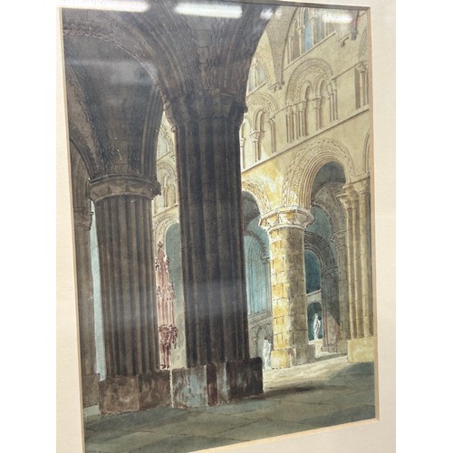 373 - SMALL WATERCOLOUR OF THE INTERIOR OF DURHAM CATHEDRAL