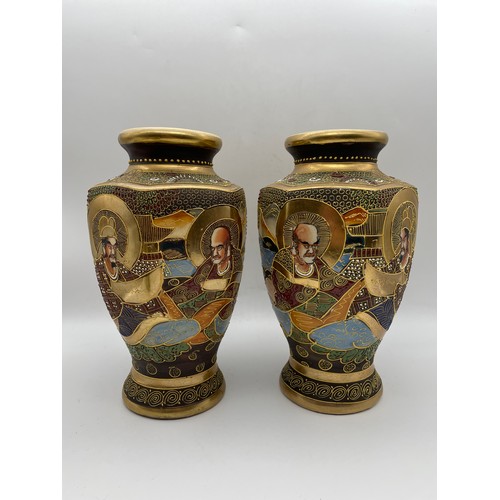 272 - PAIR OF JAPANESE SATSUMA HEXAGONAL PANEL VASES DECORATED WITH FIGURES