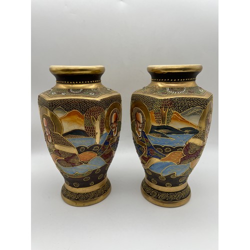 272 - PAIR OF JAPANESE SATSUMA HEXAGONAL PANEL VASES DECORATED WITH FIGURES