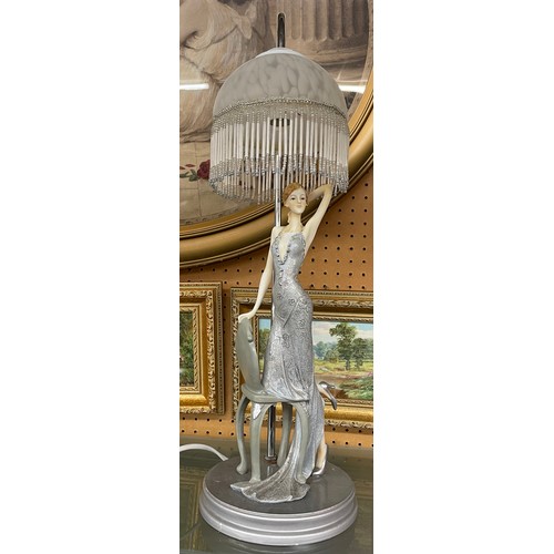 513 - FIGURAL TABLE LAMP WITH MOTTLED BEADED SHADE