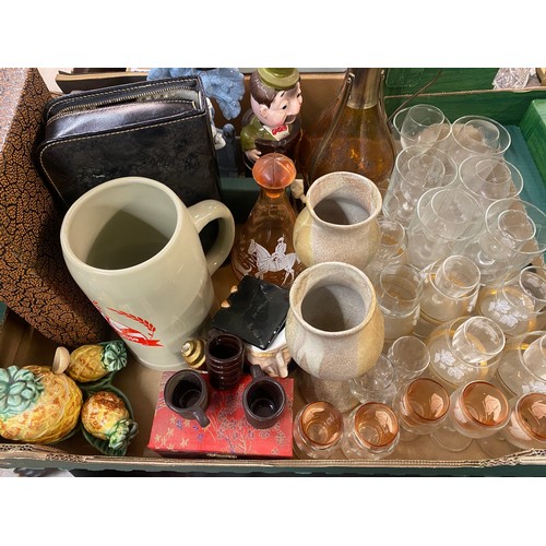 573 - TWO CARTONS OF MIXED CERAMICS INCLUDING NOVELTY TEA POTS, GLASSWARE AND WEIGHING SCALES