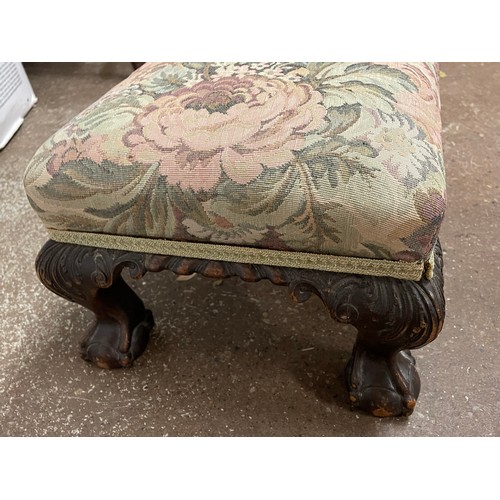 22 - TAPESTRY UPHOLSTERED CARVED MAHOGANY BALL AND CLAW LEGGED HEARTH STOOL