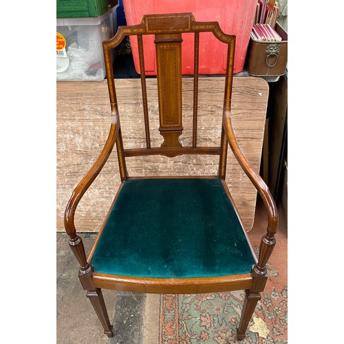 49 - EDWARDIAN MAHOGANY SATIN WOOD AND CHEQUER INLAID ELBOW CHAIR