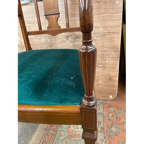 49 - EDWARDIAN MAHOGANY SATIN WOOD AND CHEQUER INLAID ELBOW CHAIR