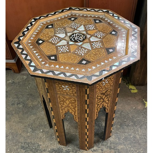 70 - DAMASCUS PARQUETRY AND MOTHER OF PEARL INLAID OCTAGONAL TOPPED TABLE