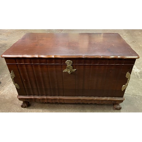 99 - REPRODUCTION ANGLO INDIAN STYLE TRUNK ON CABRIOLE LEGS WITH METAL MOUNTS