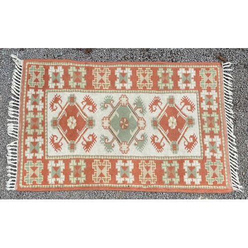 235 - 20TH CENTURY CARPET RUNNER WITH LOZENGE AND GEOMETRIC PATTERNS 86CM X 136CM APPROX