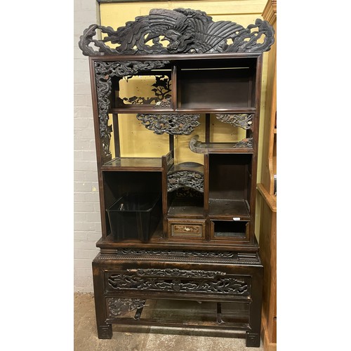 239 - JAPANESE MEIJI HARD WOOD FRET CARVED LACQUER DISPLAY CABINET ON STAND A/F